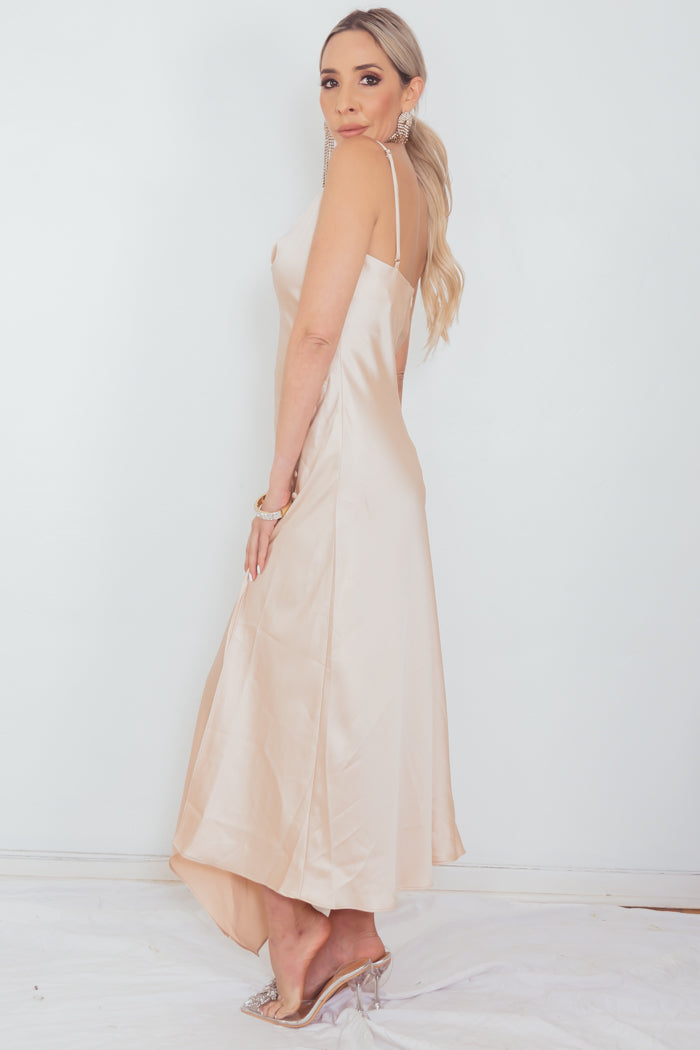 High Slit Satin Long Dress - Champagne S / Champagne High Slit Satin Long Dress - Champagne S / Champagne
