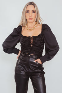 Satin Lace-Up Blouse - Black