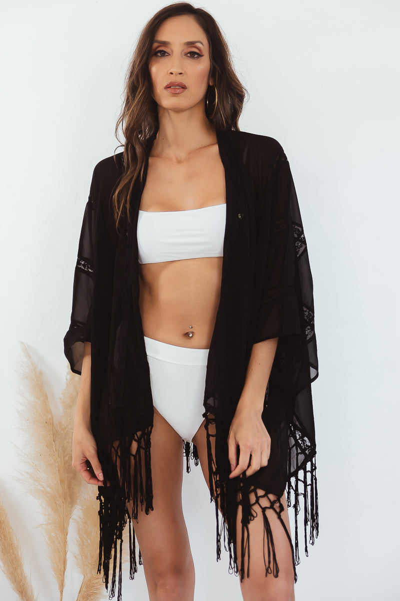 Playa Bonita Fringe Kimono - Black