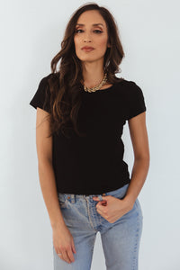 Crew Neck Stretch Basic Tee - Black