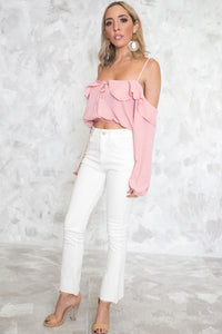 Off-Shoulder Ruffle Crop Top - Coral - Haute & Rebellious