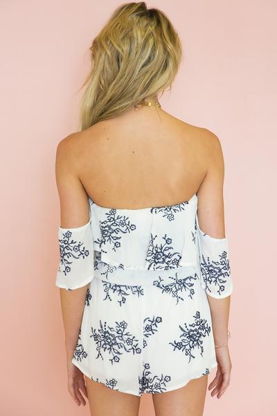 Off-Shoulder Embroidery Romper with Ruffle Detail