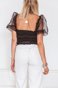 Mesh Puff Sleeve Ruched Top - Black