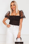 Mesh Puff Sleeve Ruched Top - Black