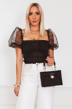 Mesh Puff Sleeve Ruched Top - Black