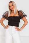 Mesh Puff Sleeve Ruched Top - Black