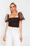 Mesh Puff Sleeve Ruched Top - Black