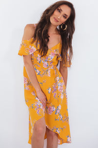 Floral Wrap Midi Dress - Yellow