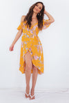 Floral Wrap Midi Dress - Yellow