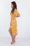 Floral Wrap Midi Dress - Yellow