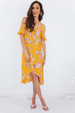 Floral Wrap Midi Dress - Yellow