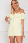 Off-Shoulder Ruched Mini Dress - Yellow