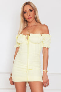 Off-Shoulder Ruched Mini Dress - Yellow