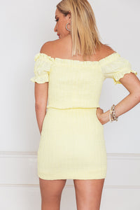 Off-Shoulder Ruched Mini Dress - Yellow