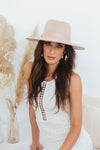 Suede Flat Brim Hat with Trim - Beige