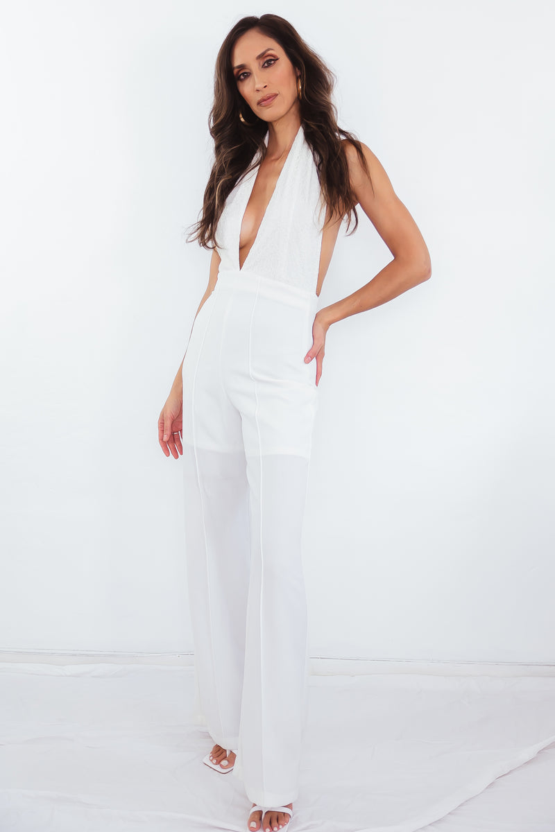 Deep-V Sleeveless Jumpsuit - White