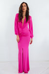 Long Sleeve Deep V Dress - Fuchsia