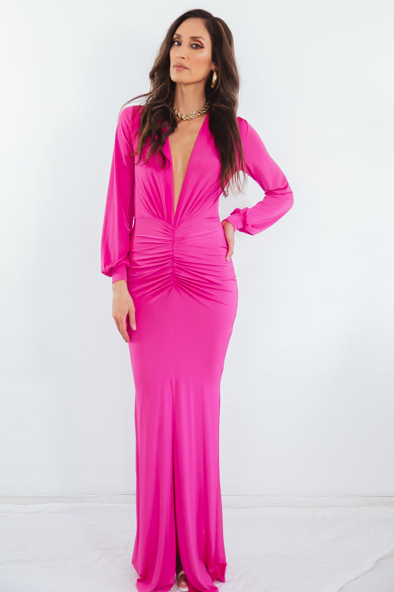 Long Sleeve Deep-V Dress - Fuchsia Haute & Rebellious Long Sleeve Deep-V Dress - Fuchsia Haute & Rebellious