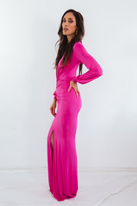 Long Sleeve Deep V Dress - Fuchsia