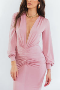 Long Sleeve Deep V Dress - Blush