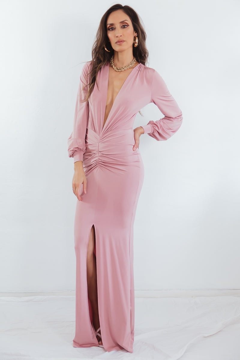 Long Sleeve Deep V Dress - Blush