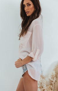 Sheer Chiffon Button-Up Shirt - Light Rose