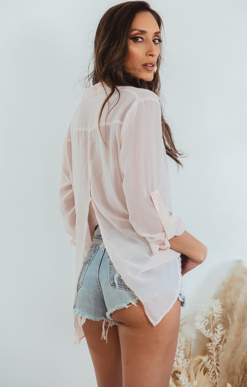 Sheer Chiffon Button-Up Shirt - Light Rose