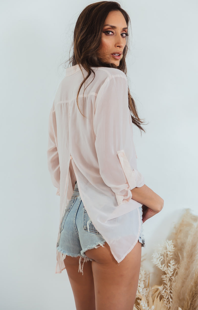 Sheer Chiffon Button-Up Shirt - Light Rose