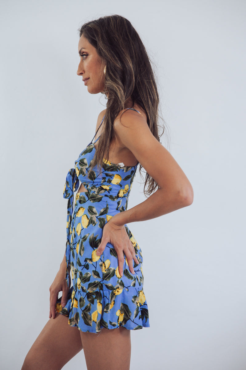 Lemon Print Mini Dress with Tie Detail