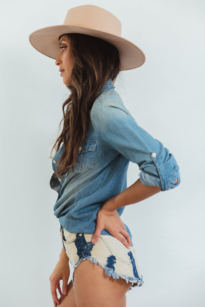 Suede Flat Brim Hat with Trim - Beige