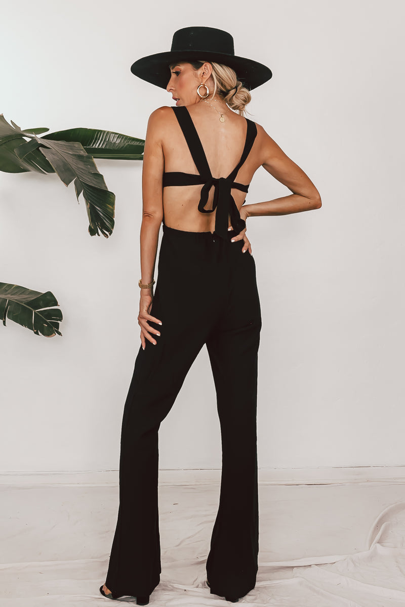 Woven Overall Jumpsuit with Tie Back Detail