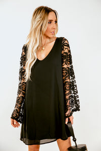 Lace Bell-Sleeve Mini Dress - Black