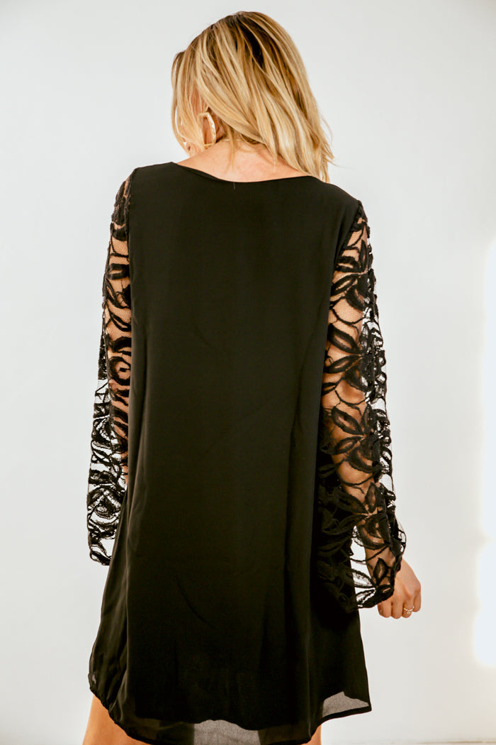 Lace Bell-Sleeve Mini Dress - Black