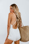 Deep-V Cross-Back Lace Romper - White