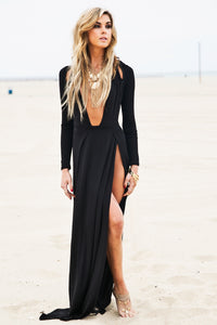 Raya High-Slit Deep-V Maxi Dress - Black (old) - Haute & Rebellious