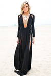 Raya High-Slit Deep-V Maxi Dress - Black (old) - Haute & Rebellious