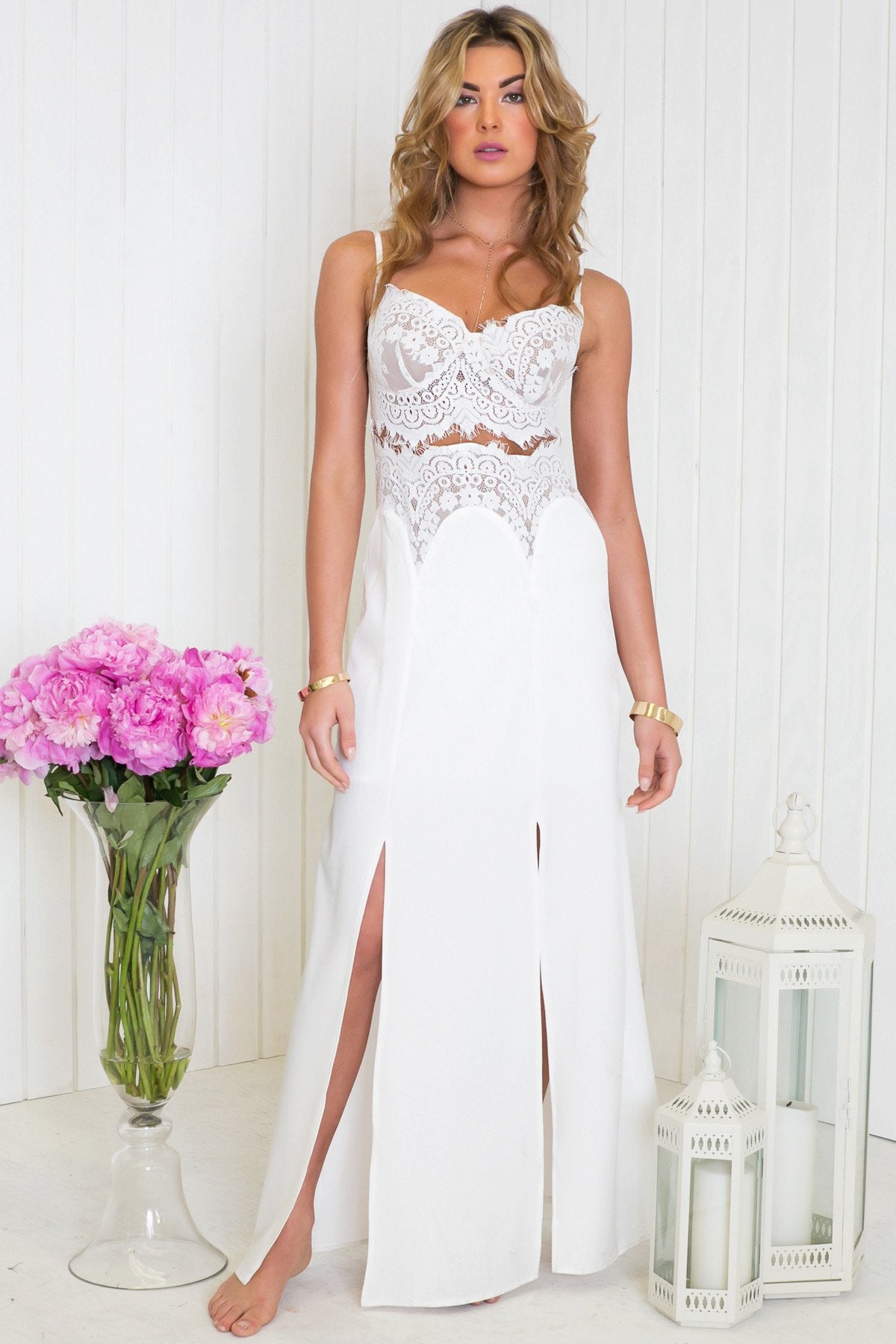 Elanza Slit Lace Maxi Dress L / WHITE/NUDE / 02828 Elanza Slit Lace Maxi Dress L / WHITE/NUDE / 02828