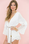 Bell Sleeve Crochet Trim Romper - White