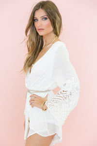 Bell Sleeve Crochet Trim Romper - White