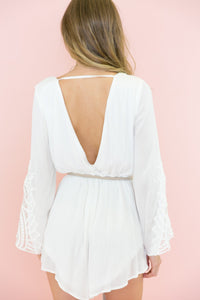 Bell Sleeve Crochet Trim Romper - White