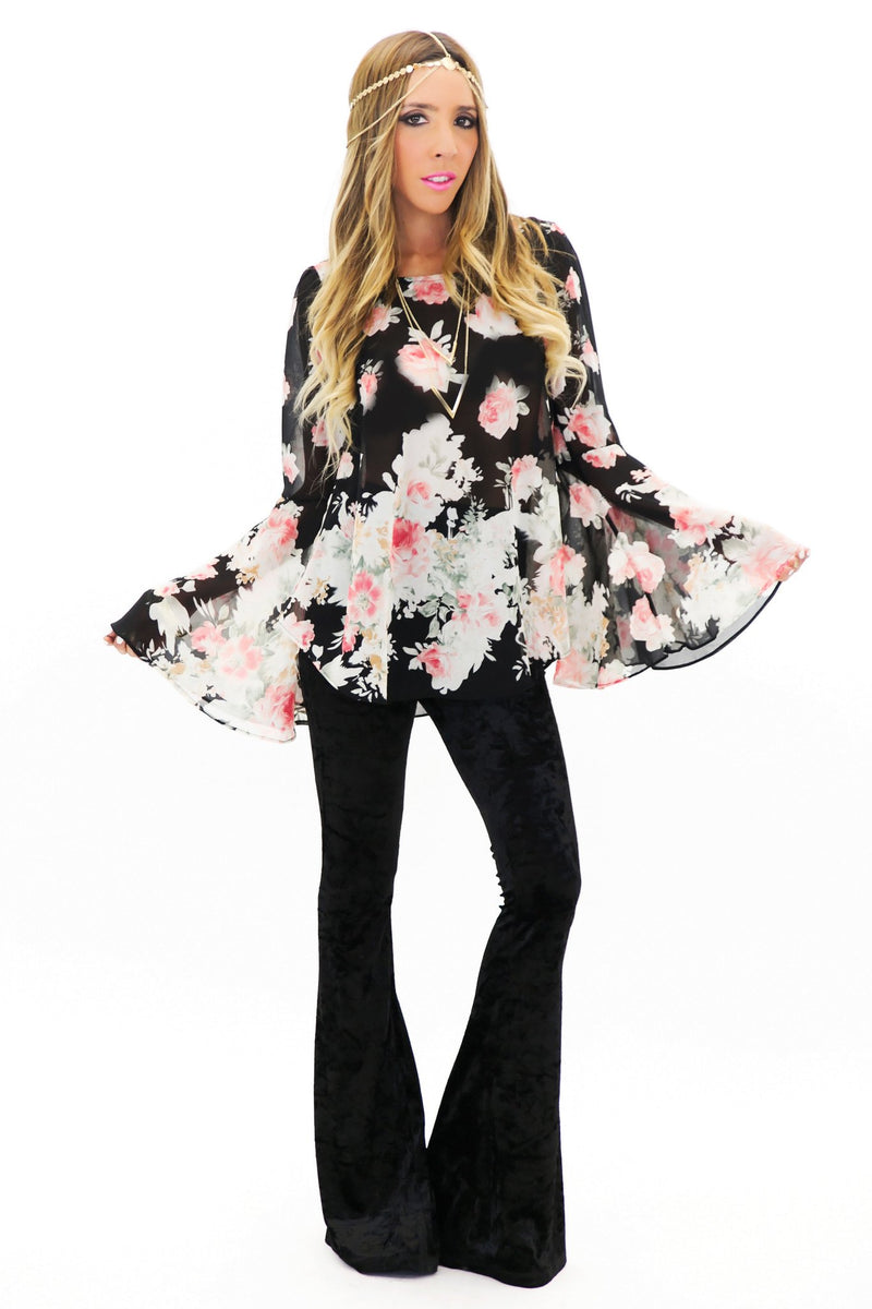 LENA BELL SLEEVE CHIFFON TOP - Black - Haute & Rebellious