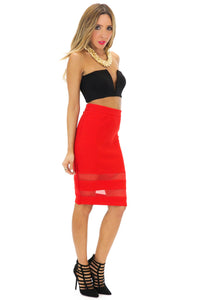 JENETTA MESH CONTRAST PENCIL SKIRT - Red - Haute & Rebellious