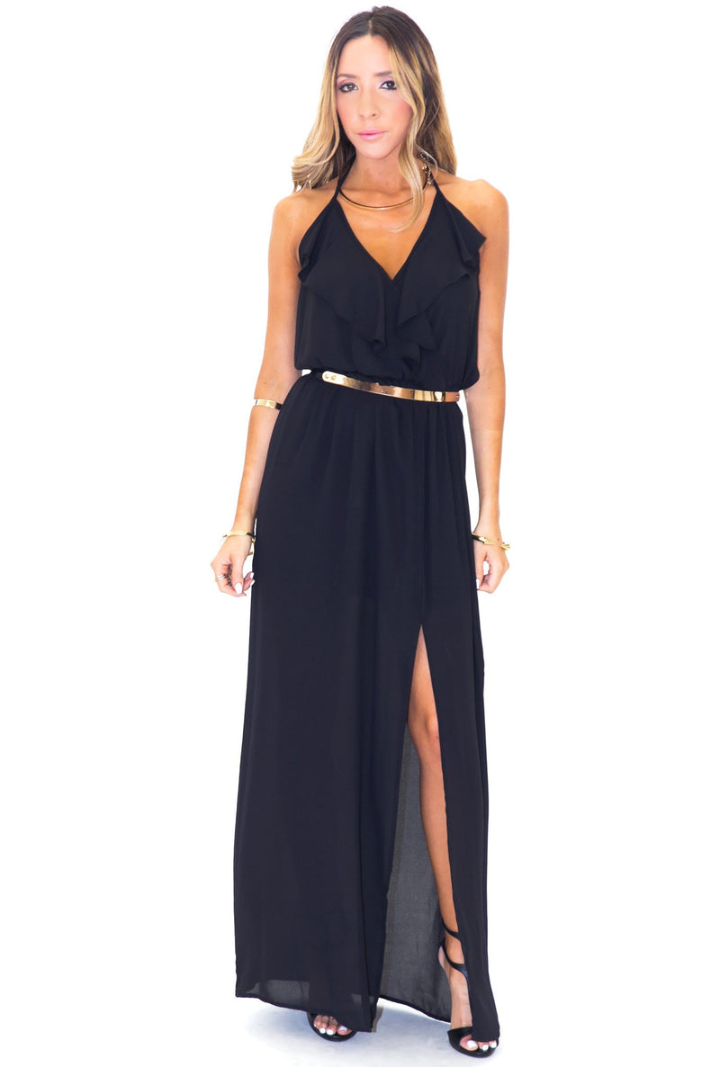GISELLE RUFFLE MAXI DRESS - BLACK - Haute & Rebellious