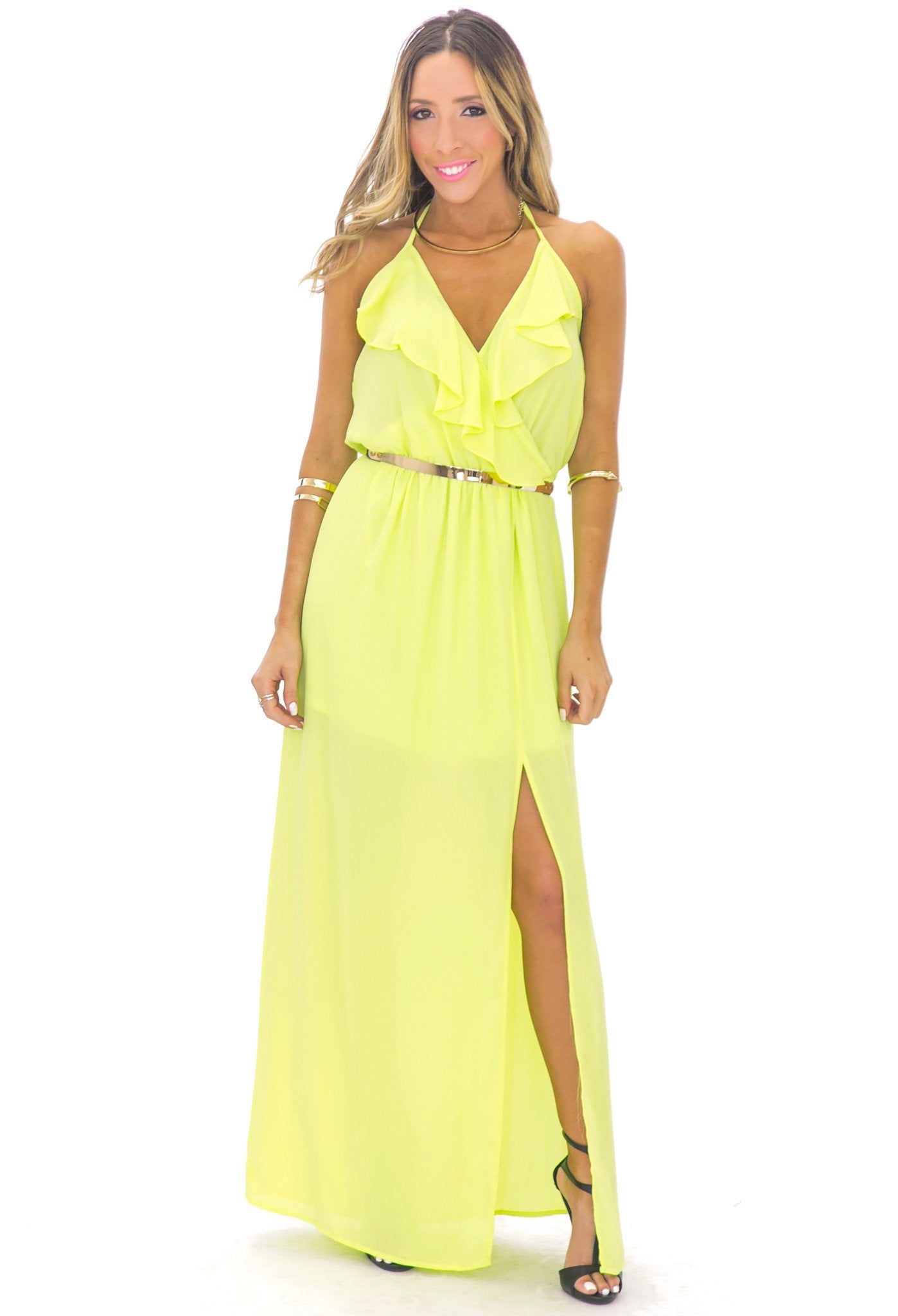 Giselle Ruffle Maxi Dress - Lime Green - l / Lime Green / 02473