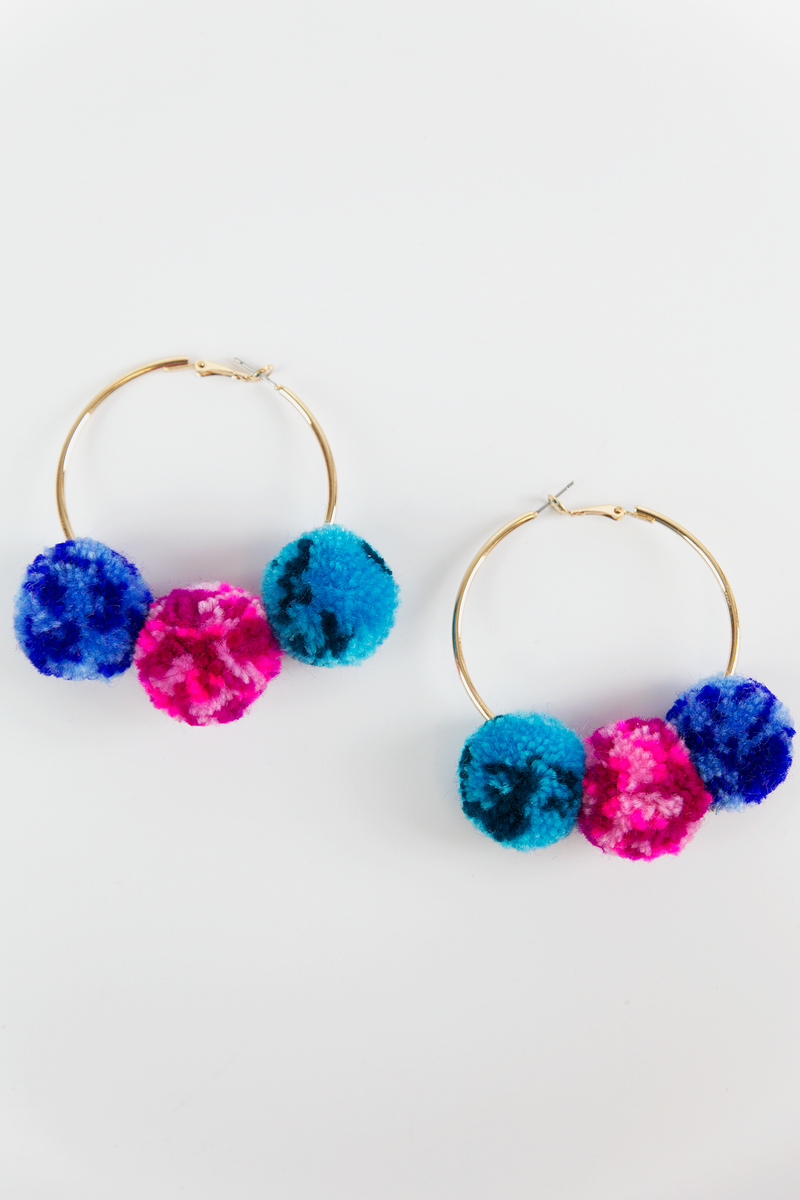 Hoop Pom-Pom Earrings - Blue - Haute & Rebellious