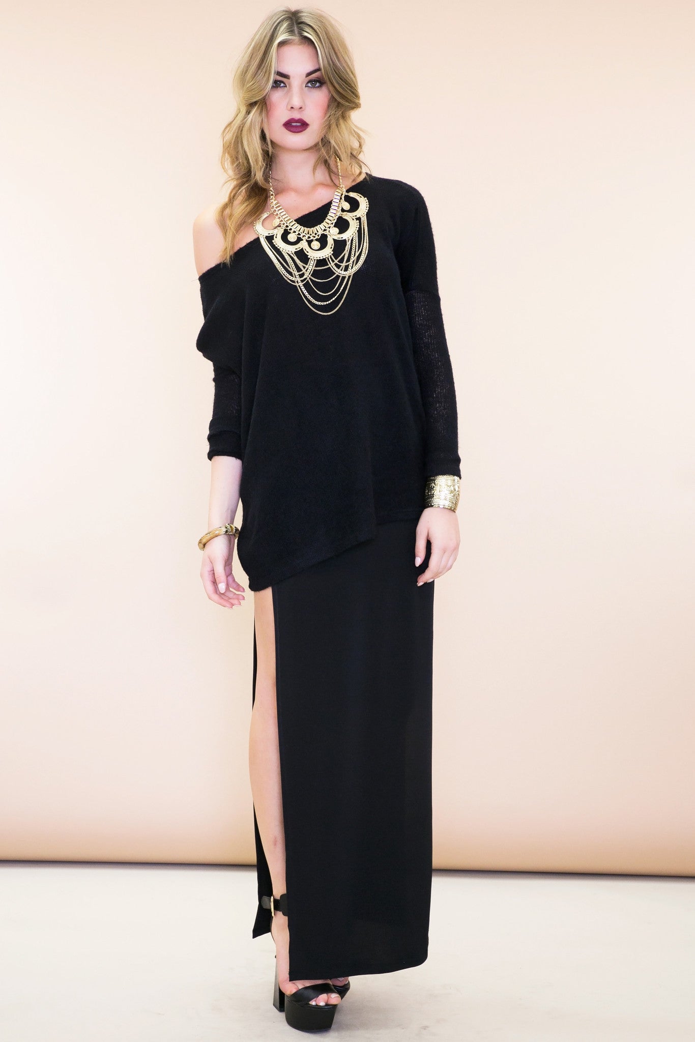 Olia Double-Slit Stretch Maxi Skirt - Black - L / Black / 02698 Olia Double-Slit Stretch Maxi Skirt - Black - L / Black / 02698
