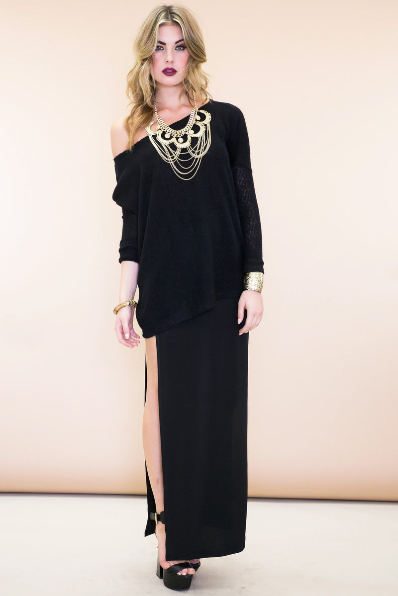 Olia Double-Slit Stretch Maxi Skirt - Black - Haute & Rebellious
