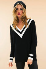 Talia V-Neck Varsity Sweater - Black - Haute & Rebellious