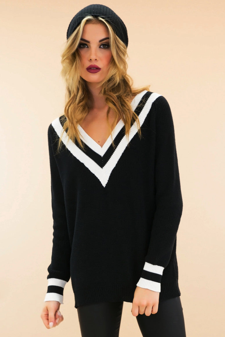 Talia V-Neck Varsity Sweater - Black - Haute & Rebellious