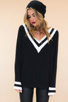 Talia V-Neck Varsity Sweater - Black - Haute & Rebellious